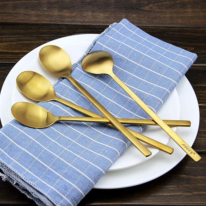 IQCWOOD Korean Spoons, 8 Pieces Stainless Steel Gold Soup Spoons, 8.5 Inch | - Image 2