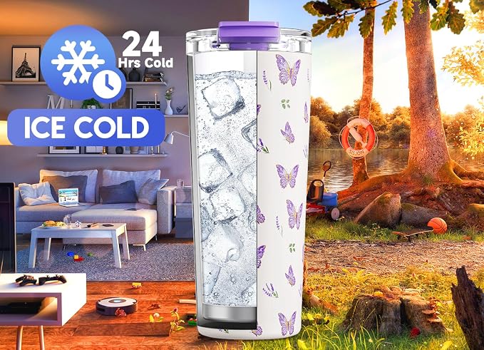 Meoky 24 oz Insulated Travel Coffee Mug: Leak Proof Lid, Butterfly | Stainless - Image 4