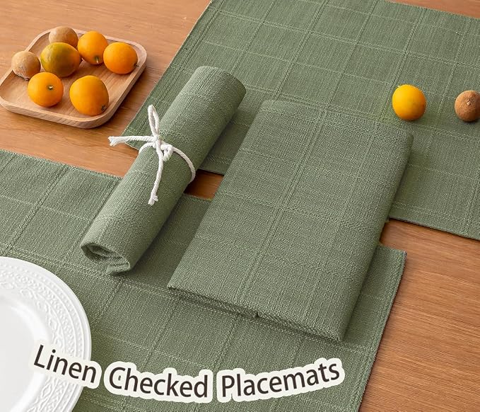 Linen Checked Placemats Set of 6, Sage Green Place Mats 12x18 Inch | Raised - Image 4