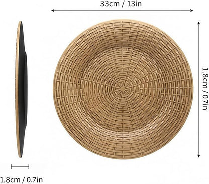 13 Inch Antique Gold Charger Plates Set of 6 Round Plastic Plates Matte Finish Faux Rattan Woven Texture Charger plates for Wedding Party Christmas (513)