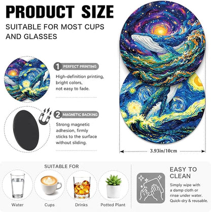 Starry Night Style Whale Funny Round Magnetic Coaster Set of 2 Doubles as - Image 2