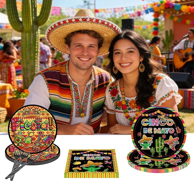 96 Pcs Cinco De Mayo Decorations, Fiesta Party Plates Napkins Forks - Image 6