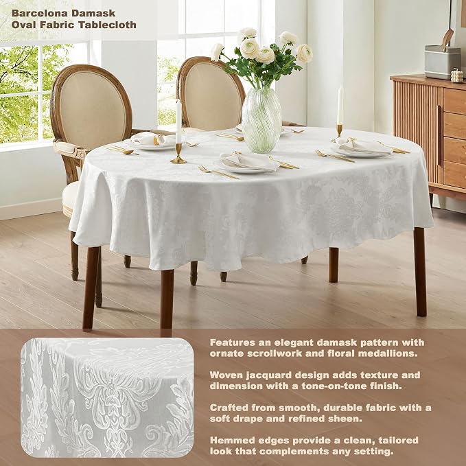 Newbridge Barcelona Luxury Damask Fabric Tablecloth, 60” Wide x 102” Oval - Image 2