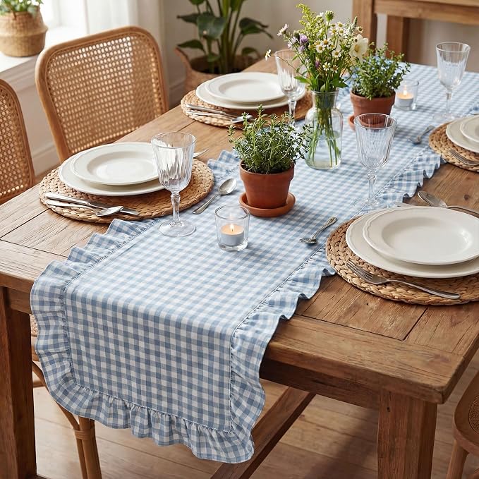 HunnmingRe 1 Pc Gingham Table Runner Blue, 118 X 13.8 Inch | Cotton Dresser - Image 6