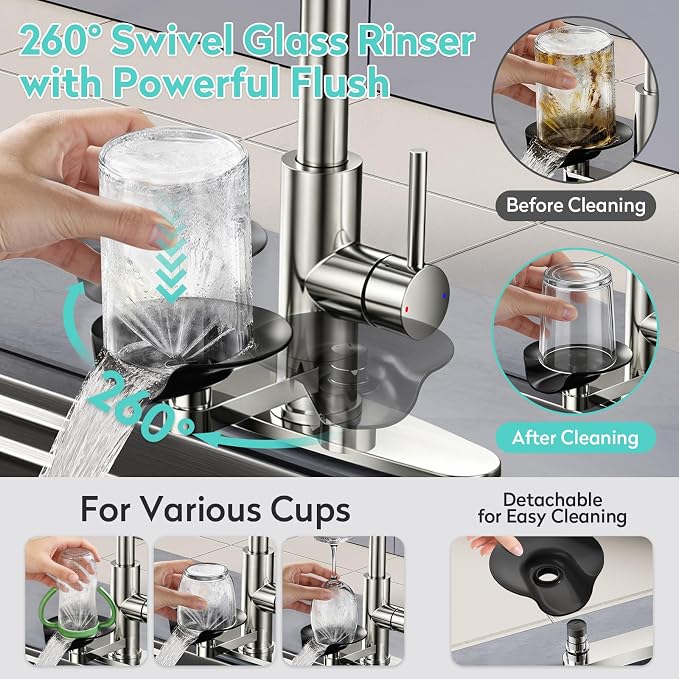 Waterfall Kitchen Faucet with Pull Down Sprayer & Glass Rinser | 4 Adjustable - Image 3