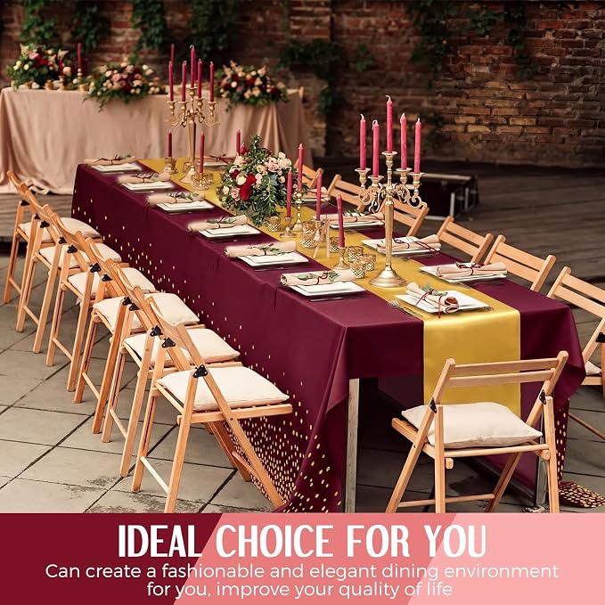 16 Pack Burgundy and Gold Disposable Plastic Tablecloths and Satin Table Runner - Image 7