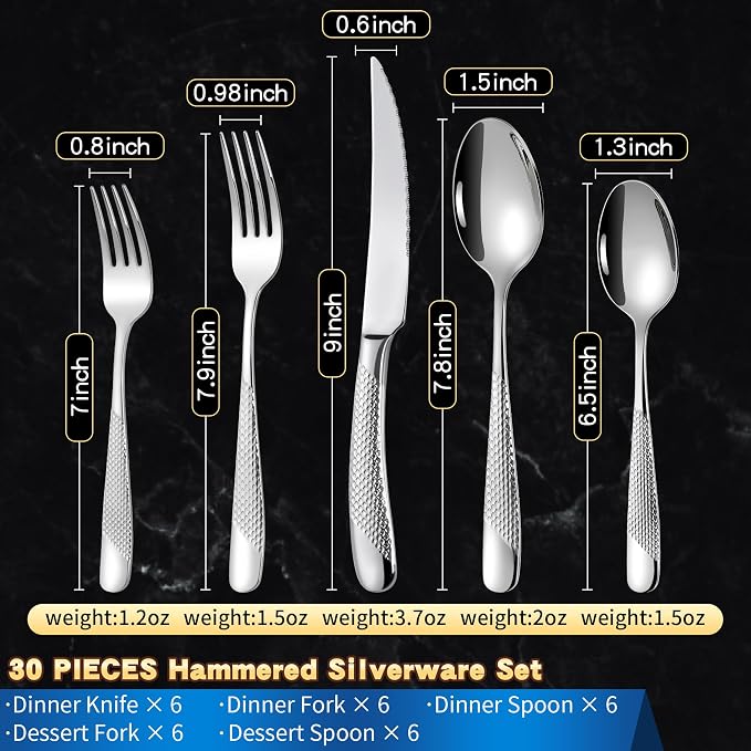 Hammered 30 Pieces Set Silverware Set - Image 3