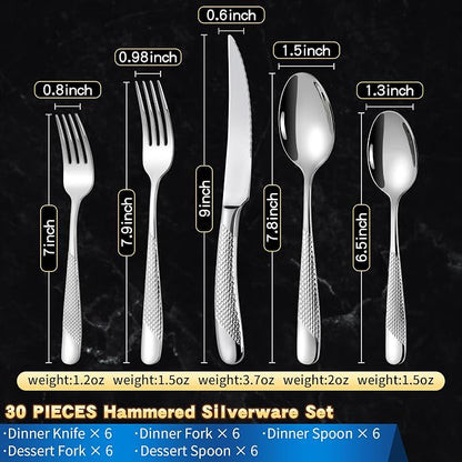 Hammered 30 Pieces Set Silverware Set - Image 3