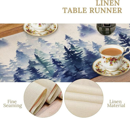 Watercolor Blue Pine Trees Table Runner, Forest Woodland Tabletop Scarf Home - Image 5