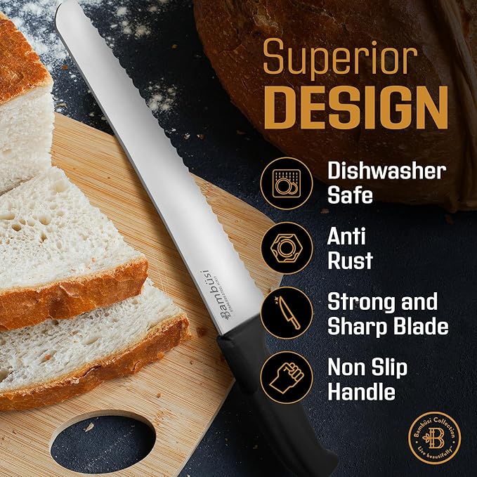 Bread Knife - 10 inch Serrated Stainless Steel Cutter with Non-Slip Handle for Sourdough, Artisan Loaves, Baguettes, Bagels, Cakes & Pastries - Long Serrated Kitchen Knife for Bread, Meat & Carving