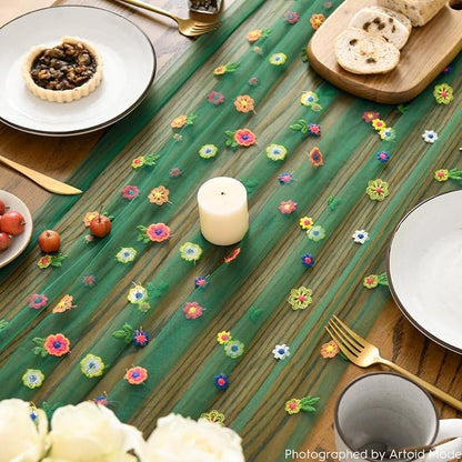 Artoid Mode Dark Green Embroidery Daisy Gauze Table Runner 120 Inch 10FT | - Image 3