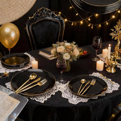 I00000 150Pcs Black Plastic Plates, Black Disposable Plates, Heavy Duty black plates for 30 Guests,Plastic Dinnerware Set Include 30 Dinner Plate,30 Dessert Plate,90 Gold Cutlery Set for Party
