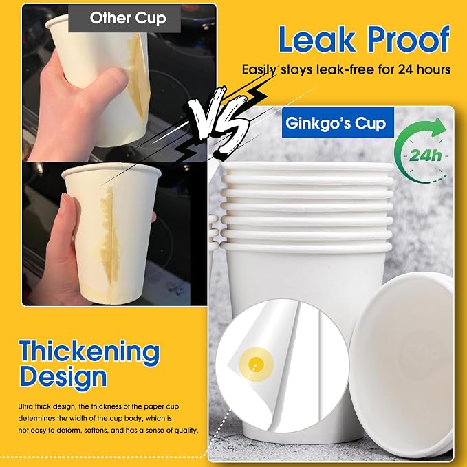 Ginkgo 200 Count 12 oz Disposable Thickened Paper Coffee Cups | Leak Proof - Image 2