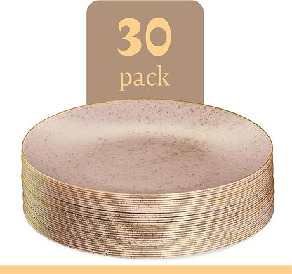 PLASTICPRO 30 Pack Disposable Plastic Plates Heavyweight Granite Look Elegant 10 inch Dinner Plates Pink with Gold Rim