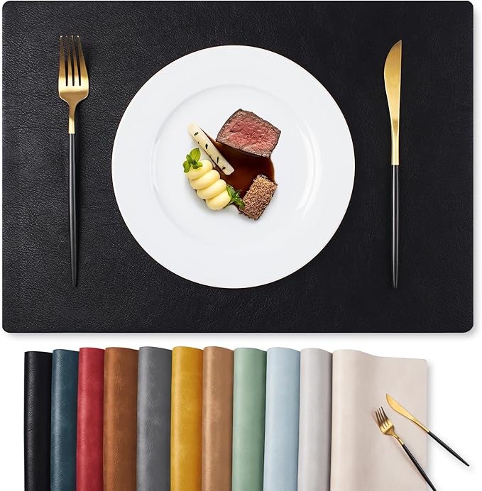 MOSAYT Vinyl Placemats Set of 12-12 X 17 Inch - Faux Leather 100% Waterproof Oil-Proof Wipeable PU Place Mats, Heat Resistant Reversible Table Mats for Kitchen, Dining, Outdoor (Black)
