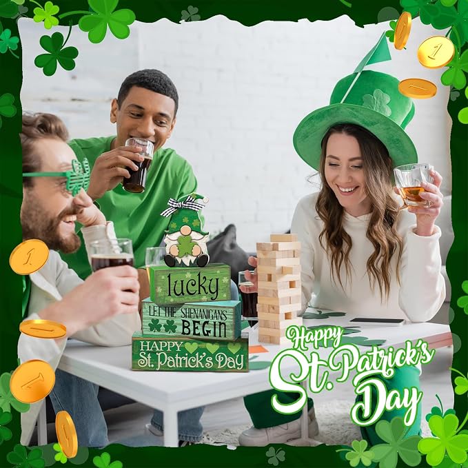 Moucuny 4 Pcs St. Patrick's Day Table Decoration Irish Tiered Tray Decor Wooden - Image 4