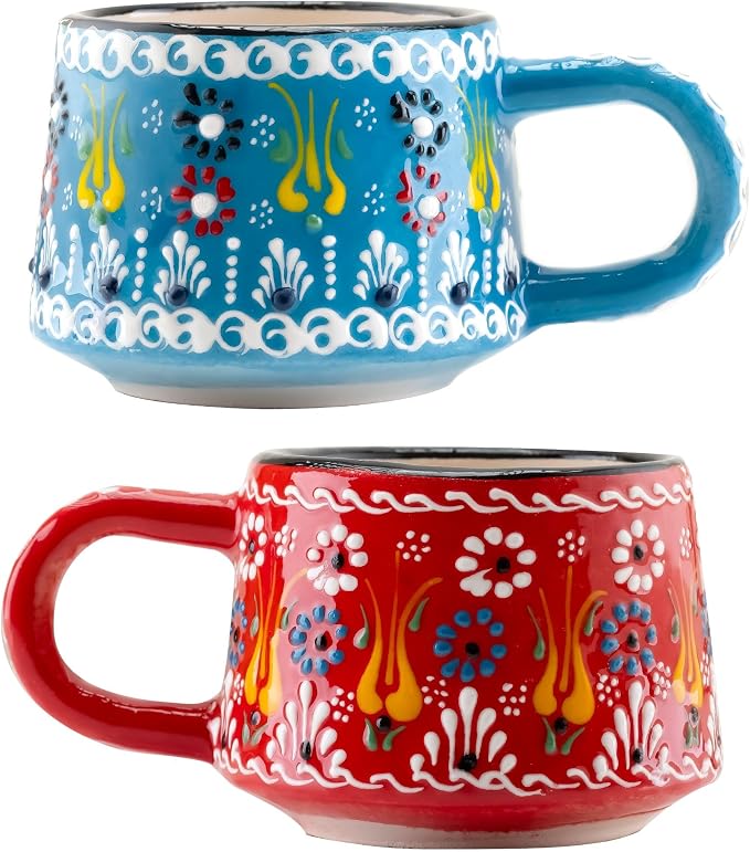 BCS 6 Oz Cappuccino Cups Set of 2, Hand-Painted Ceramic Coffee & Tea Mugs | by BCS
