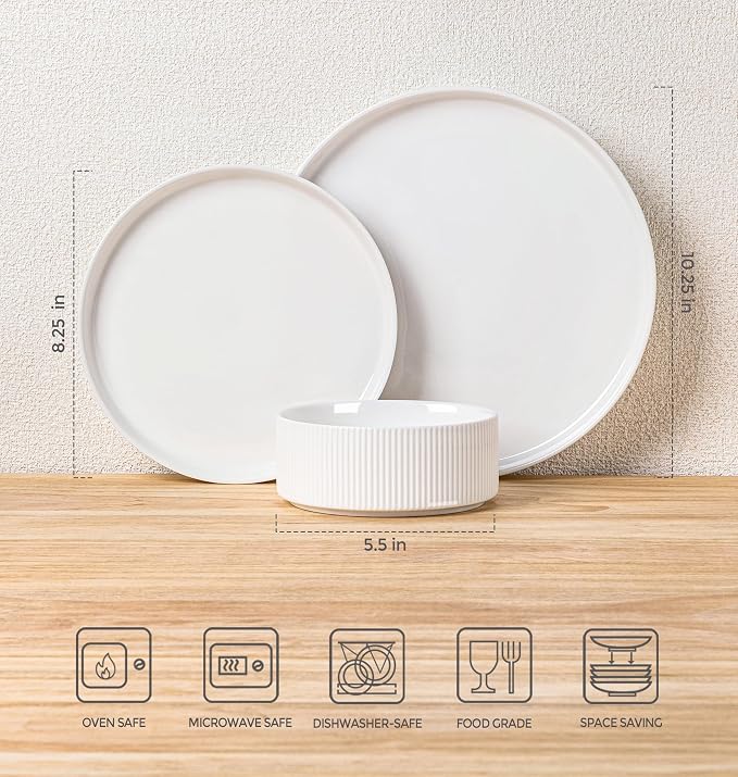 Ceramic Dinnerware Set for 8, 24-Piece Plates and Bowls Set | Lightweight - Image 7