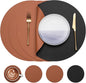 Myir JUN Round Placemats Set of 4 Faux Leather Place Mats and Coasters 15 inch Round Table Mats Dual Sided Non-Slip Stain Resistant Placemats (Black & Brown, Set of 4)