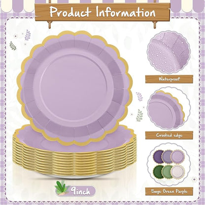 48 Pcs Sage Green Purple Paper Plates 9 Inch Lavender Scalloped Paper Disposable Dinner Dessert Plates for Birthday Wedding Bridal Party Supplies, 6 Colors