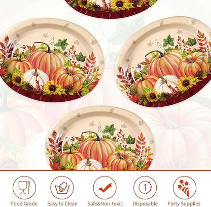 Grencian 50Pcs Fall Oval Paper Plates 10" x 12" Large Disposable Heavy Duty Pumpkin Plates Thanksgiving Pumpkin Sunflower Paper Platters for Thanksgiving Fall Harvest Holiday Decorations