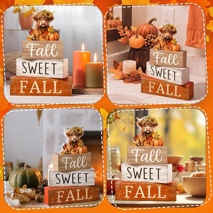 Moucuny 4 Pcs Fall Decoration for Highland Cow Home Fall Table Decor Wooden - Image 5