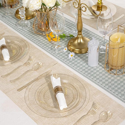 350 PCS Transparent Base With Pink Tint Plastic Dinnerware Set for 50 Guests, 100 Plates for Party, 50 Pre Rolled Napkins with Gold Silverware, 50 Cups
