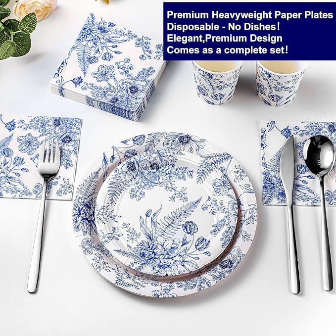 250 Pcs Blue Floral Paper Plates and Napkins Blue Bridal Shower Tea Party - Image 3