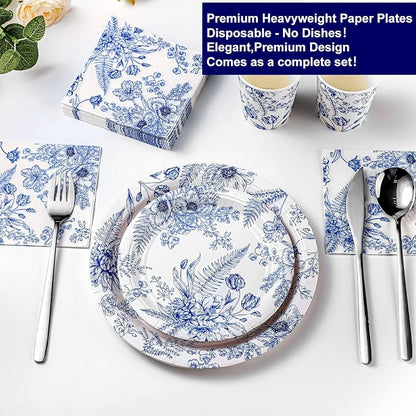 250 Pcs Blue Floral Paper Plates and Napkins Blue Bridal Shower Tea Party - Image 3