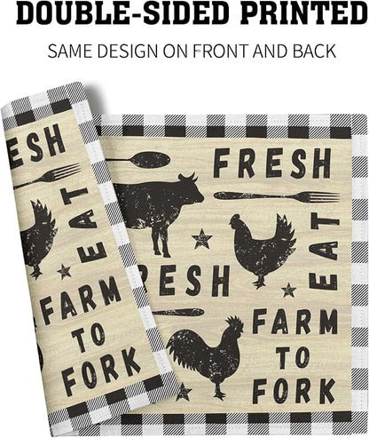 Farm Animal Cow Table Mat Set of 4，Farmhouse Chicken Decor Buffalo Plaid Rectangular Linen Placemats with Non-Slip Kitchen Table Decor 12x18 Inch for Party Kitchen Dining