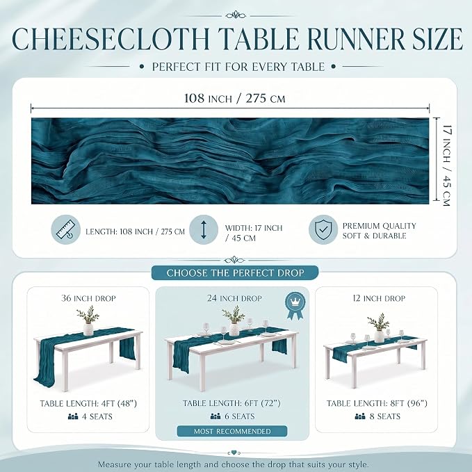 2 Pack Teal Cheesecloth Table Runner 17x108 Inch Boho Rustic Semi Sheer Gauze - Image 3
