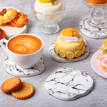 Diatomaceous Earth Coasters Set of 4，Cool Absorbent Quick-Dry Drink Coasters for Desks, Cute Modern Stone Design with Stylish White Aesthetic (4, Marble White)