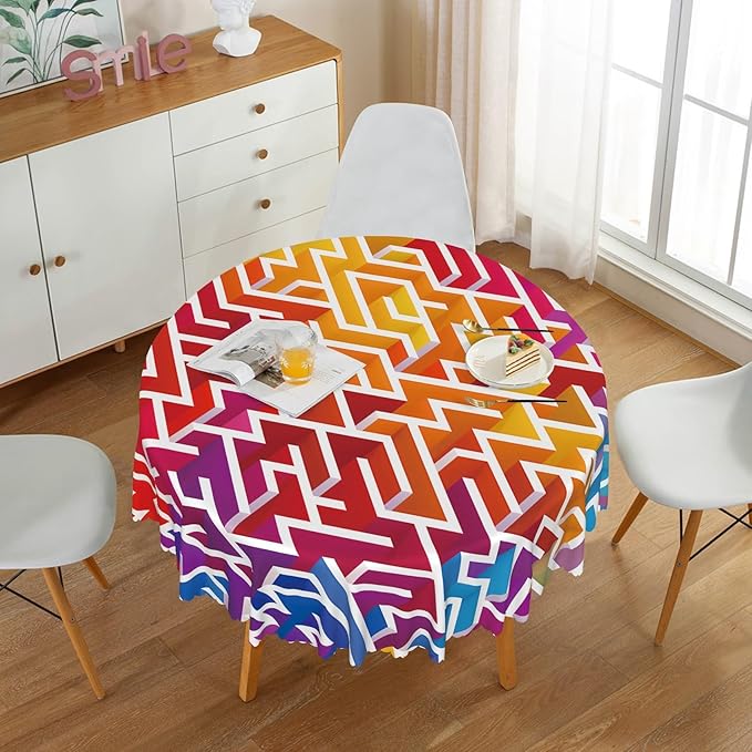 Laeacco 54 Inch Maze Round Tablecloth Colorful Labyrinth Texture Modern Geometric Abstract Art Print Table Cloth Washable Waterproof Wrinkle Free Table Cover for Kitchen Dining Picnic Party Decor