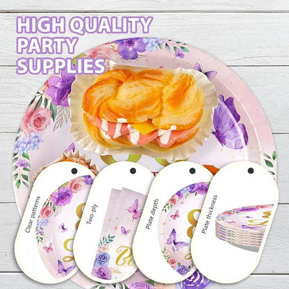 96Pcs 80th Birthday Purple Floral Butterfly Party Decoration, Serves 24 | - Image 6