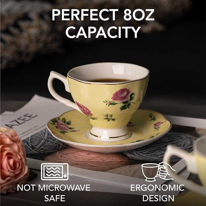 BTaT- Floral Tea Cups and Saucers, 8 oz, Fine Porcelain Teacup Set - Image 3