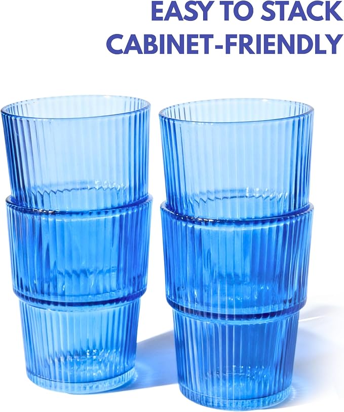 Blue Ribbed Drinking Glasses, 14 fl oz Glass Cups Set of 4 | Aesthetic Style - Image 4