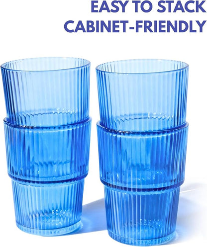 Blue Ribbed Drinking Glasses, 14 fl oz Glass Cups Set of 4 | Aesthetic Style - Image 4