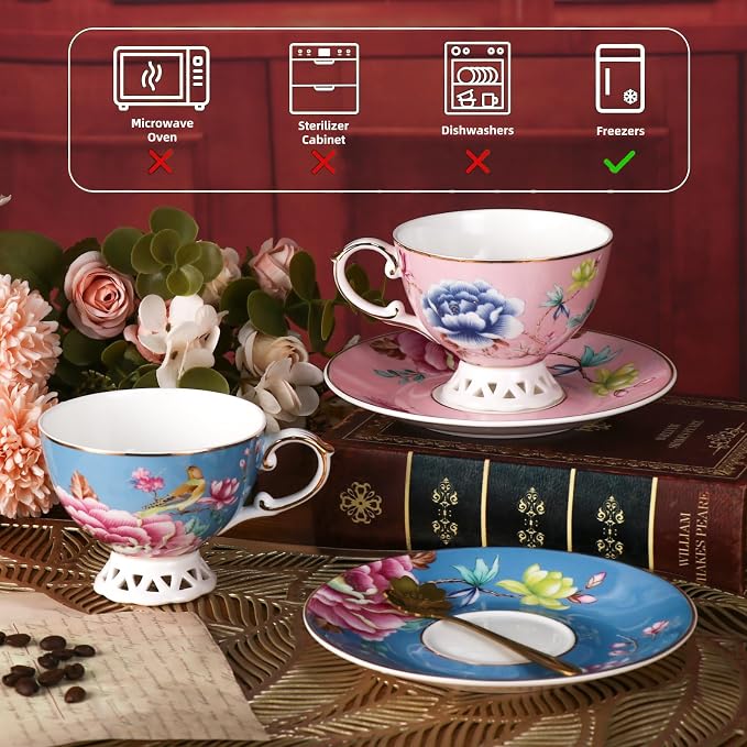 KAMMAK Tea Cups and Saucers Set of 2, Fine Bone China Coffee Cups, GH019 | - Image 2