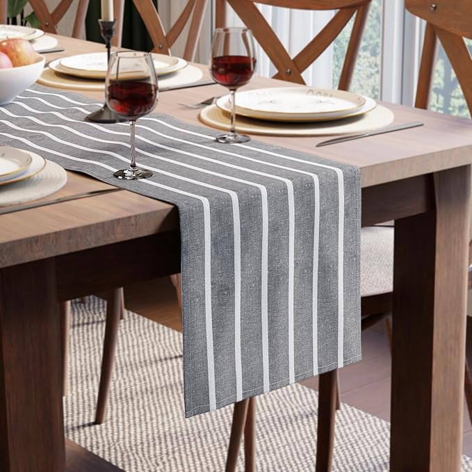 Encasa XO Cotton Dining Table Runner | Roma Grey Stripes | Size 13x72 in by EncasaXO