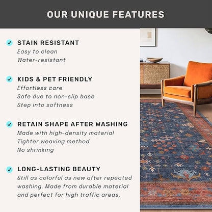Washable 12 ft Long Runner for Kitchen Floor - Navy Blue Hallway Runner Rug, Pet Friendly Waterproof Non Slip with Rubber Backing, Stain Resistant Laundry Room Rug (3x12 Navy Blue & Terracotta)