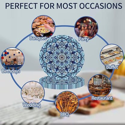 ZULYSTO 100 Pack Boho Paper Plates (50×7"+ 50×9") – Disposable Plates for Party, Vintage Bohemian Style Dessert Dinner Plates Plate Set for Daily Use, Holiday, Picnic (Blue)