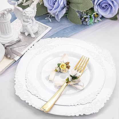 Morejoy 100PCS White Plastic Plates，White Disposable Plates，Include 50 Pieces 10.25 Inch Dinner Plates & 50Pieces 7.5 Inch Dessert Plates,Perfect for Weddings & Party