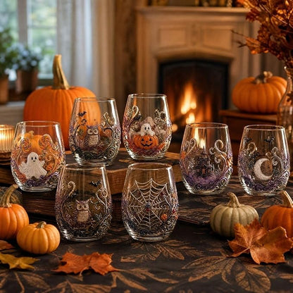 Halloween Printed Glass Cup, Ghost Pumpkin Themed Handleless Water Tumbler 15oz - Image 6