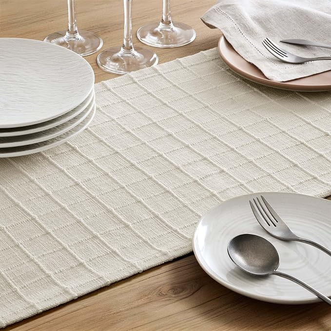 Artisanal Grid Linen Table Runner, 13x72 Inches Ivory | Heavy Textured - Image 6