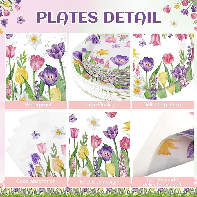 Funnymoom 250 Pcs Tulip Floral Paper Plates and Napkins Spring Party Supplies - Image 2