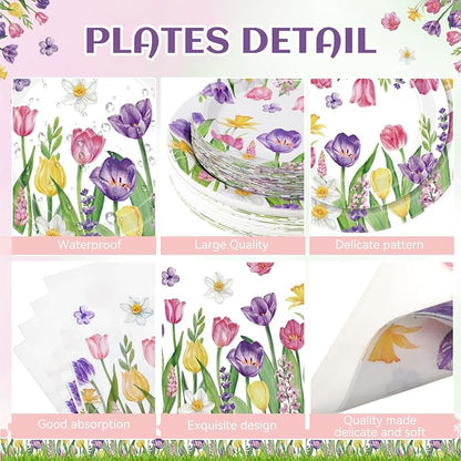 Funnymoom 250 Pcs Tulip Floral Paper Plates and Napkins Spring Party Supplies - Image 2