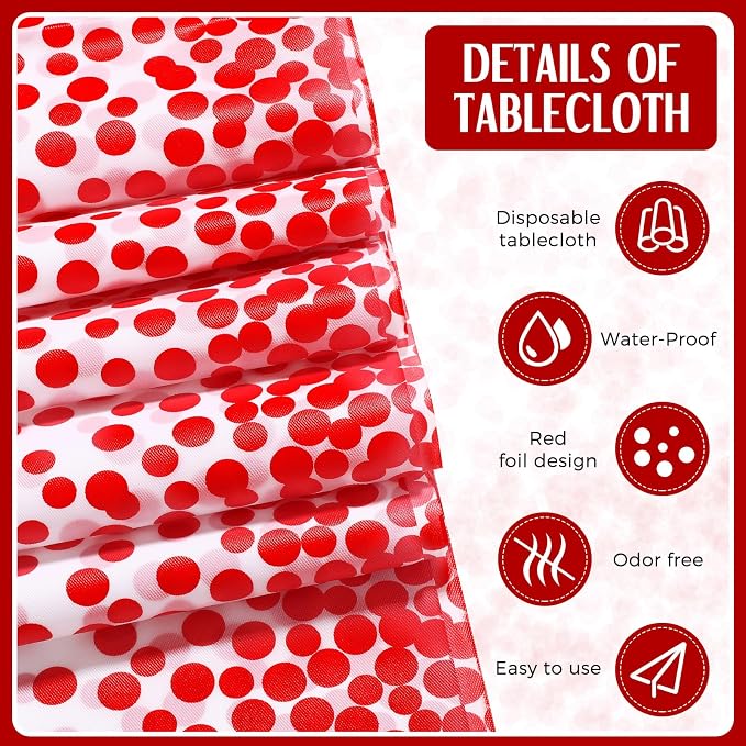 24 Pack White and Red Disposable Plastic Tablecloths and Satin Table Runner Set - Image 4