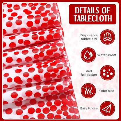 24 Pack White and Red Disposable Plastic Tablecloths and Satin Table Runner Set - Image 4