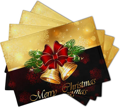 Giwawa Merry Christmas Placemats Set of 4, Winter Snowflakes Xmas Jingle Bell Red Bow Table Place Mats for Kitchen Dining Holiday Party Decor, Heat Resistant Non-Slip Washable, 12x18 Inch