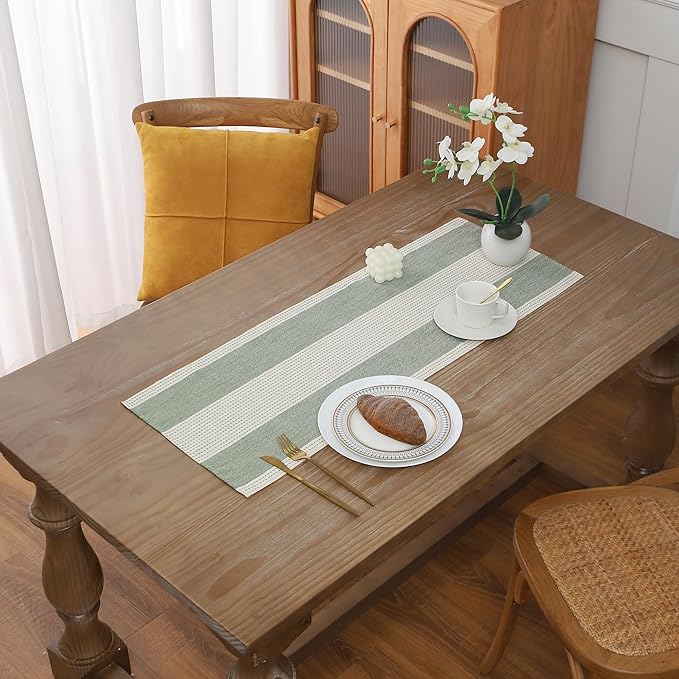 Gernaice Boho Table Runner, Rustic Striped Cotton Linen Farmhouse Table Runners by Gernaice